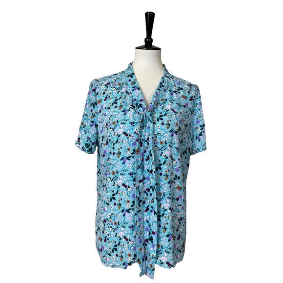 Talbots Tie Neck Top Blouse Short Sleeves Blue Multi Floral Women’s Size Large - Picture 1 of 11